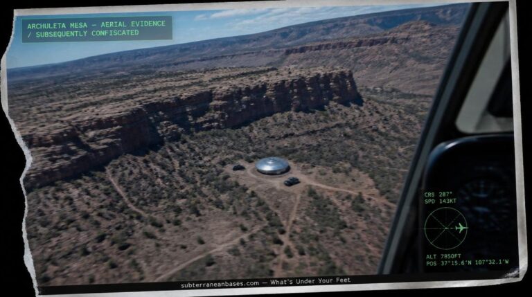 An aerial photograph from a small aircraft cockpit showing a desert mesa with a disc-shaped object on the ground and two dark vehicles nearby with a torn edge suggesting removal from a collection