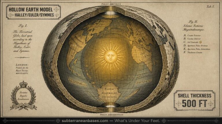 An antique scientific illustration of a cutaway globe showing a hollow Earth interior with a luminous central sun curved inner continents and polar openings at both poles