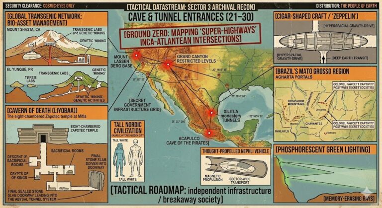 A 1960s/70s style vintage tactical collage. Features include a map of the Mexico-Texas border with 'Xilitla' and 'Acapulco' marked, a diagram of a wheel-less 'thought-propelled' vehicle in a smooth tunnel, a cross-section of the eight-chambered Zapotec temple at Mitla leading to the 'Cavern of Death', and a sketch of a 15-foot 'Nephli' giant. The aesthetic is aged, with technical stamps and blue-light glow effects.