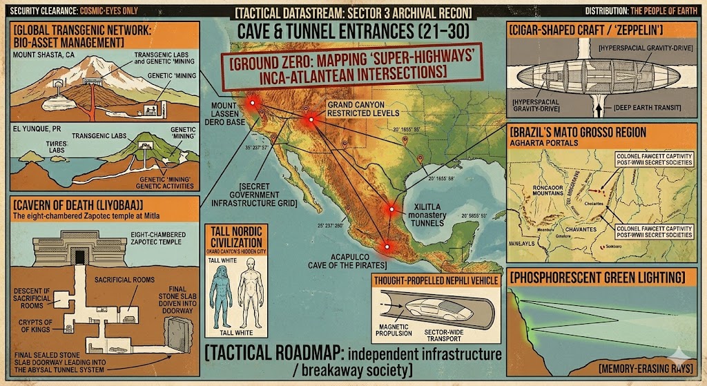 A 1960s/70s style vintage tactical collage. Features include a map of the Mexico-Texas border with 'Xilitla' and 'Acapulco' marked, a diagram of a wheel-less 'thought-propelled' vehicle in a smooth tunnel, a cross-section of the eight-chambered Zapotec temple at Mitla leading to the 'Cavern of Death', and a sketch of a 15-foot 'Nephli' giant. The aesthetic is aged, with technical stamps and blue-light glow effects.