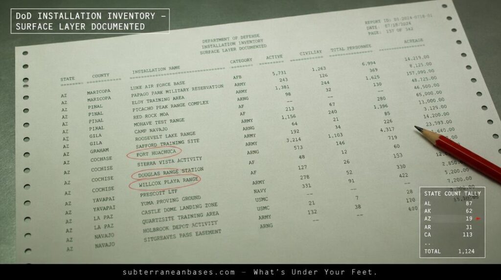 A dense spreadsheet on green-bar continuous-feed paper showing Department of Defense military installation names personnel and acreage columns with several entries circled in red pencil