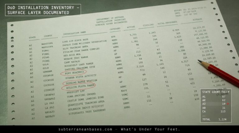 A dense spreadsheet on green-bar continuous-feed paper showing Department of Defense military installation names personnel and acreage columns with several entries circled in red pencil