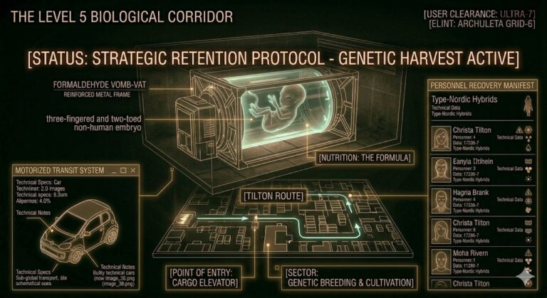 Tactical schematic of the Dulce Level 5 biological vats and the genetic manifest for Christa Tilton.