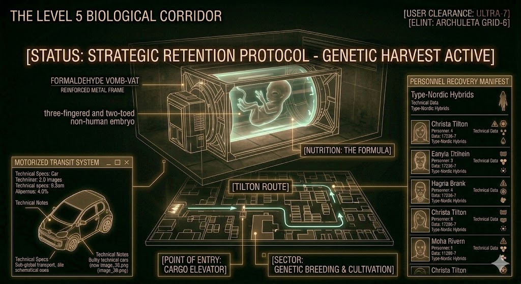 Tactical schematic of the Dulce Level 5 biological vats and the genetic manifest for Christa Tilton.