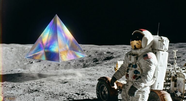 Shimmering, iridescent pyramidal UFO hovering above the lunar surface observed by an Apollo 12 astronaut, exhibiting historical film grain.