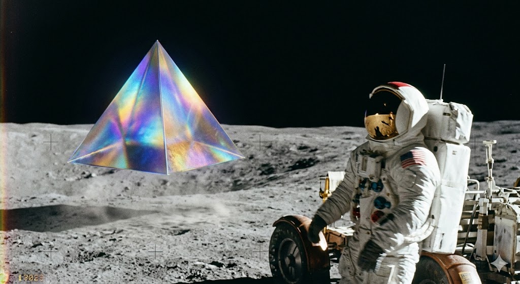 Shimmering, iridescent pyramidal UFO hovering above the lunar surface observed by an Apollo 12 astronaut, exhibiting historical film grain.