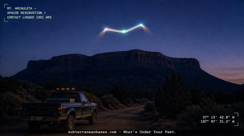 Mt. Archuleta silhouetted at dusk against an indigo sky with a boomerang-shaped light formation hovering above the canyon wall and a four-wheel-drive truck parked on a dirt road below