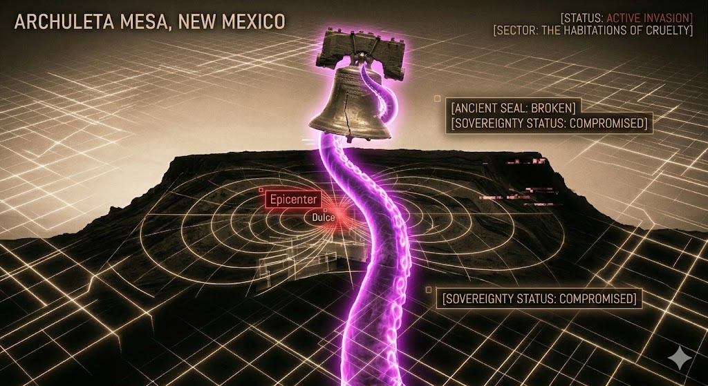 Sepia-toned tactical map of Dulce, New Mexico, showing an energy tentacle rising from Archuleta Mesa to crack the Liberty Bell.