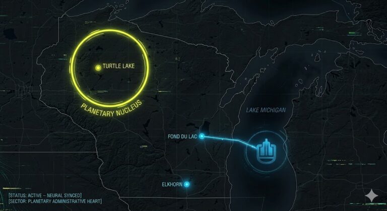 Digital noir geospatial map of Wisconsin showing the planetary command center at Turtle Lake and the Lake Michigan sub-aquatic tunnel interface.