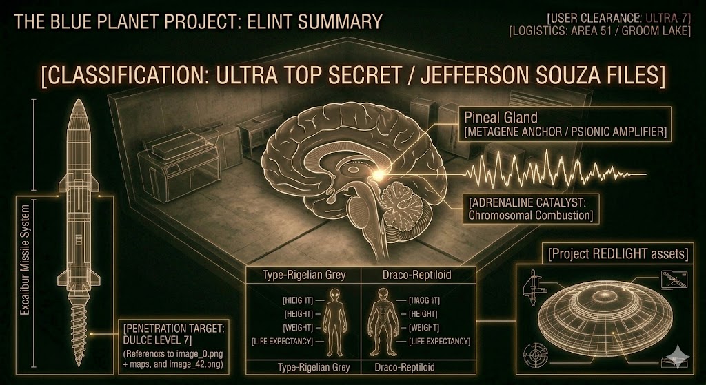 Tactical schematic of the Blue Planet Project files, highlighting the Metagene anchor and the Excalibur missile system.