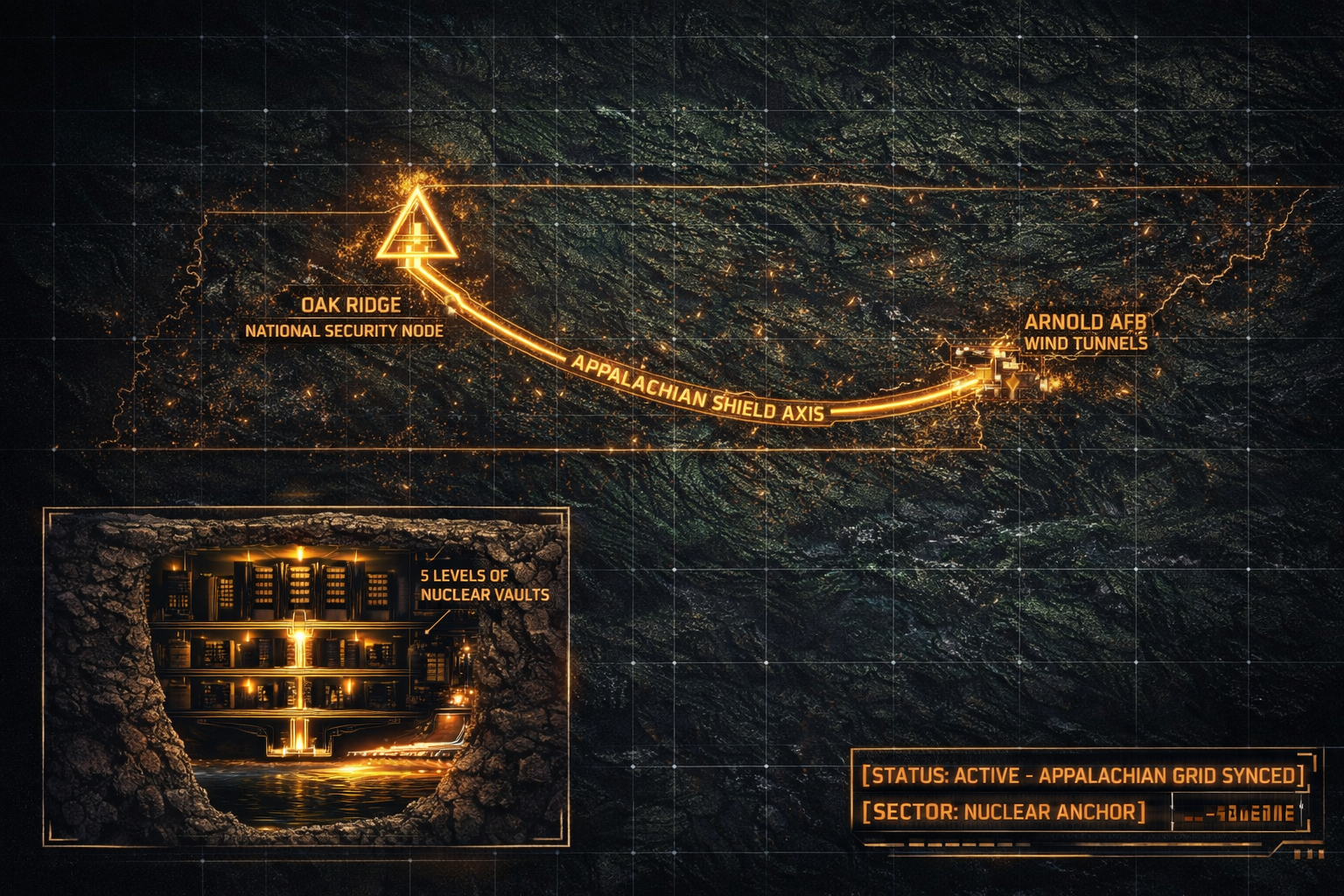 Digital noir geospatial map of Tennessee showing glowing neon-amber conduits connecting the Oak Ridge Nuclear Node to the Arnold AFB Command Tunnels. Inset reveals a cross-section of a 60,000 sq. ft. cavern bunker with steel seals.