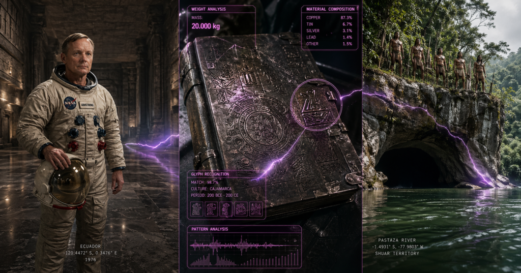 A photorealistic cinematic mosaic showing Neil Armstrong in a tunnel, an inscribed metal book HUD, and a river cave entrance.