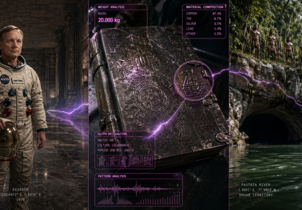 A photorealistic cinematic mosaic showing Neil Armstrong in a tunnel, an inscribed metal book HUD, and a river cave entrance.