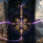 A photorealistic cinematic mosaic showing Sacsayhuaman blocks, a four-door tunnel HUD, and a hidden pyramid in the Andes.