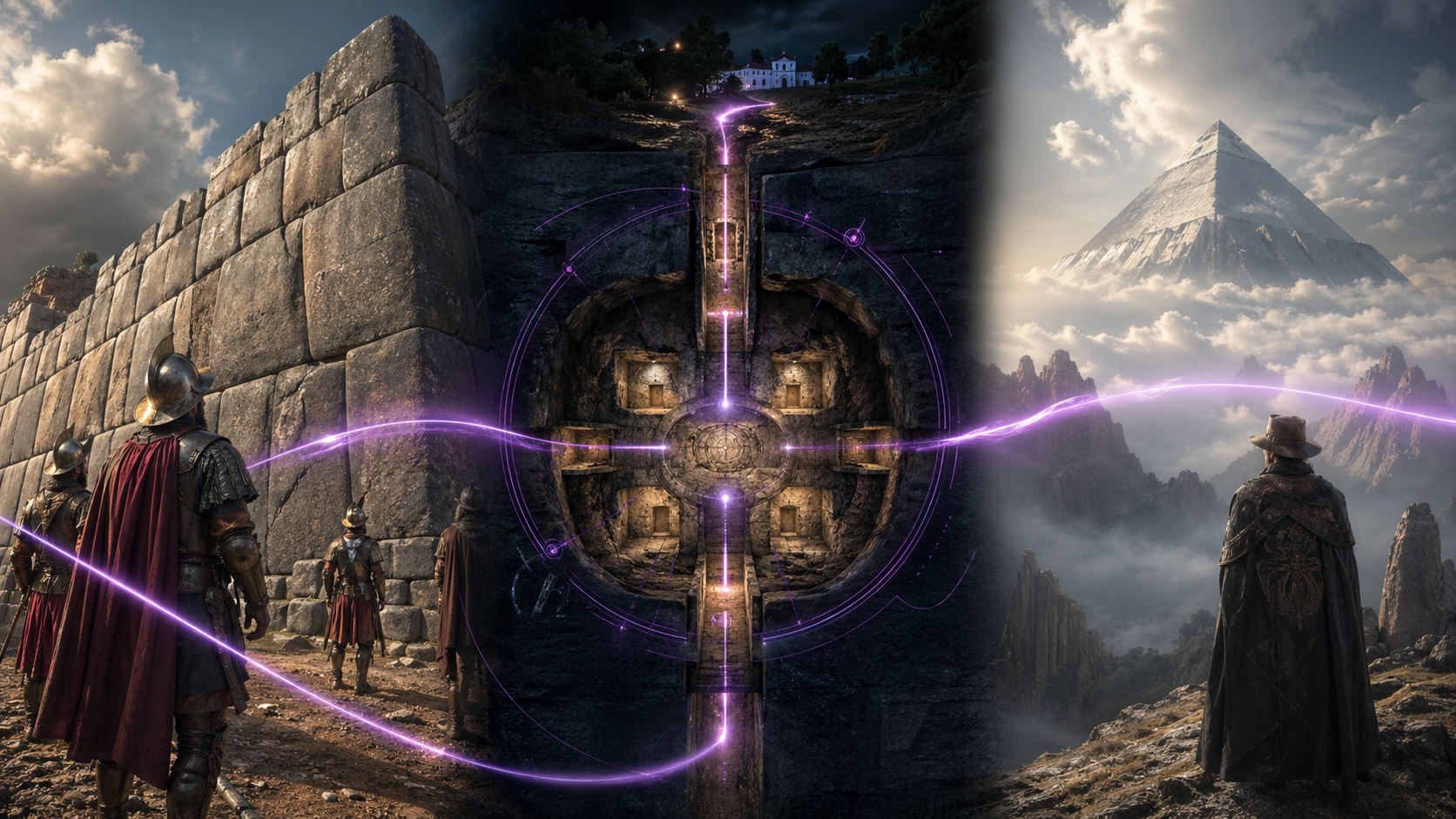 A photorealistic cinematic mosaic showing Sacsayhuaman blocks, a four-door tunnel HUD, and a hidden pyramid in the Andes.