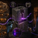 A photorealistic cinematic mosaic showing Derinkuyu city cross-section, a Puma Punku HUD analysis, and 110 Hz sound waves in the Hypogeum.
