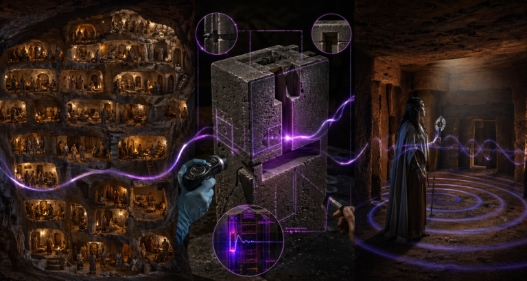 A photorealistic cinematic mosaic showing Derinkuyu city cross-section, a Puma Punku HUD analysis, and 110 Hz sound waves in the Hypogeum.