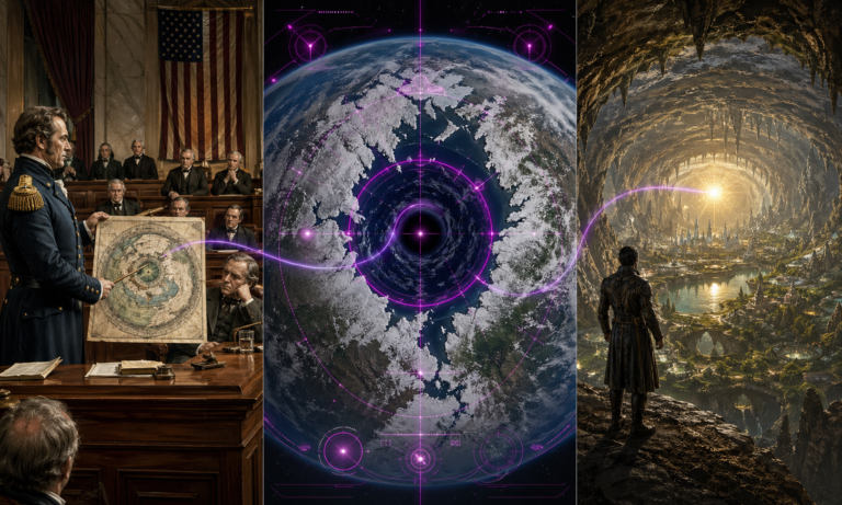 A photorealistic cinematic mosaic showing Captain Symmes, the ESSA-7 satellite "hole" HUD, and a traveler at the polar opening.