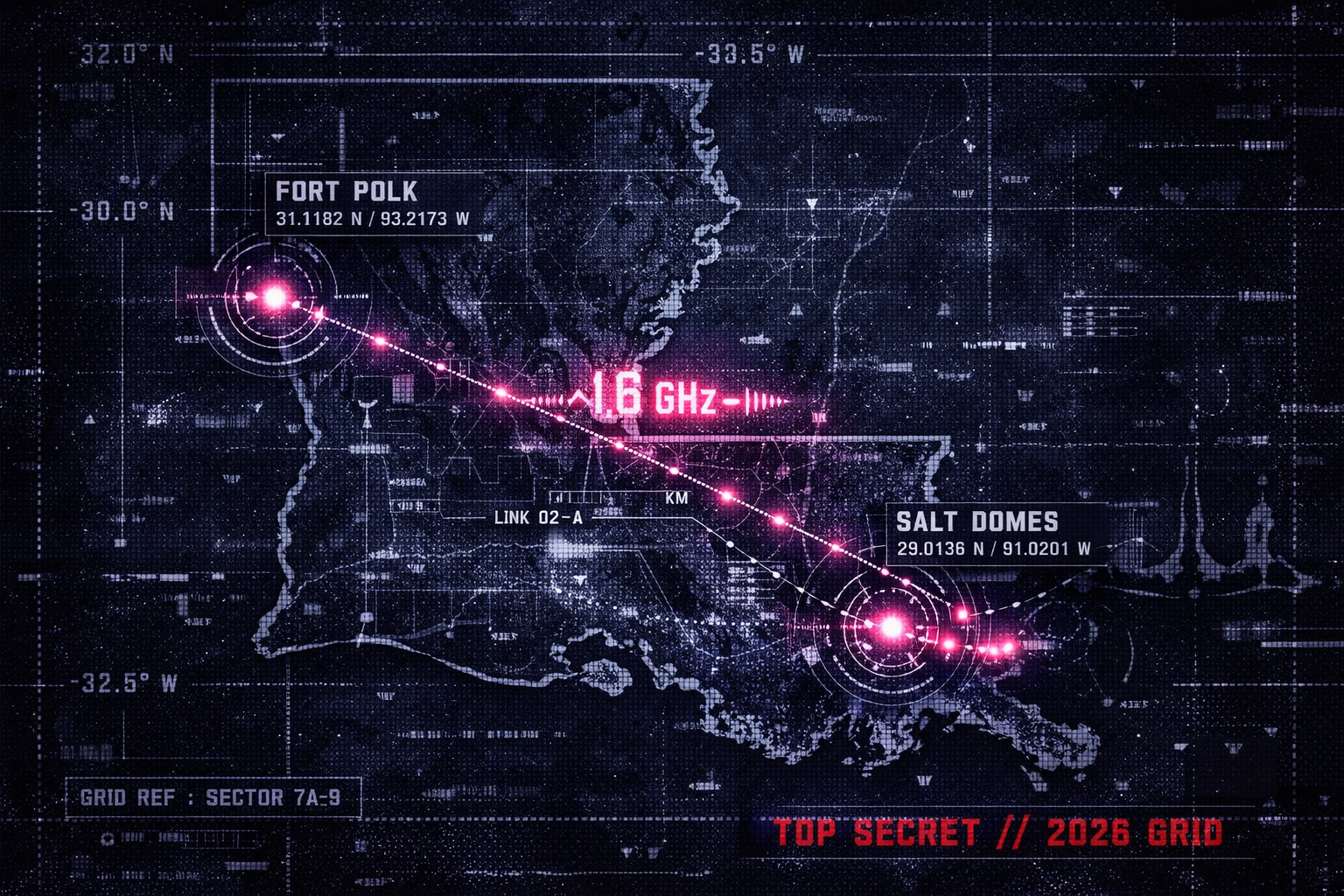 Detailed monochrome tactical map of Louisiana subterranean nodes including Weeks Island salt dome and Fort Polk 2026 logistics hub.