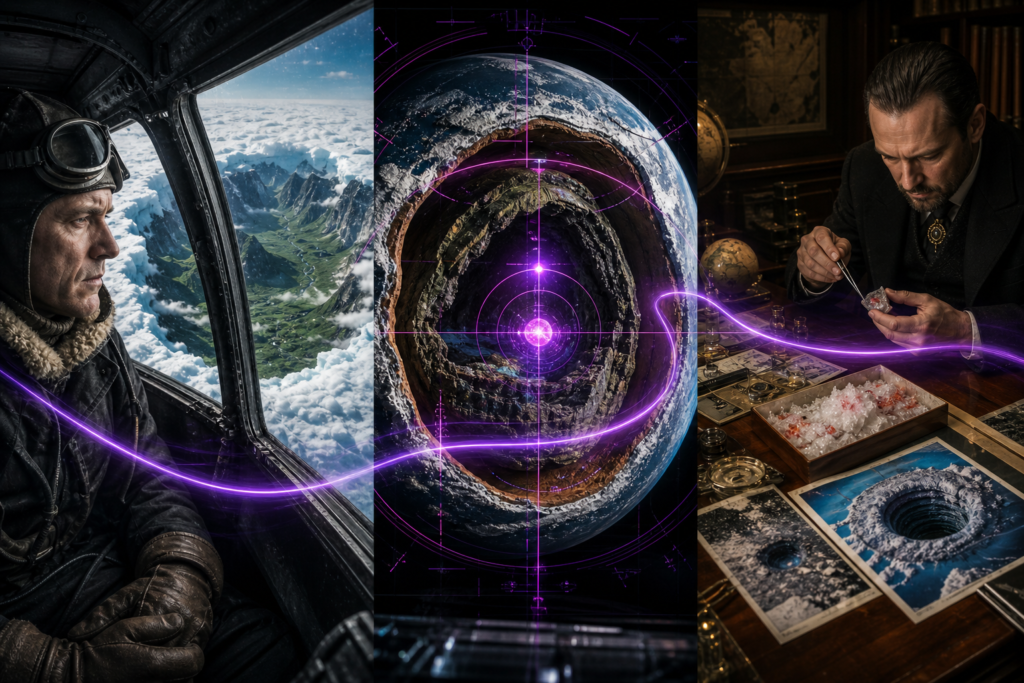 A photorealistic cinematic mosaic showing Admiral Byrd, a hollow mantle HUD analysis, and a researcher with polar hole data.