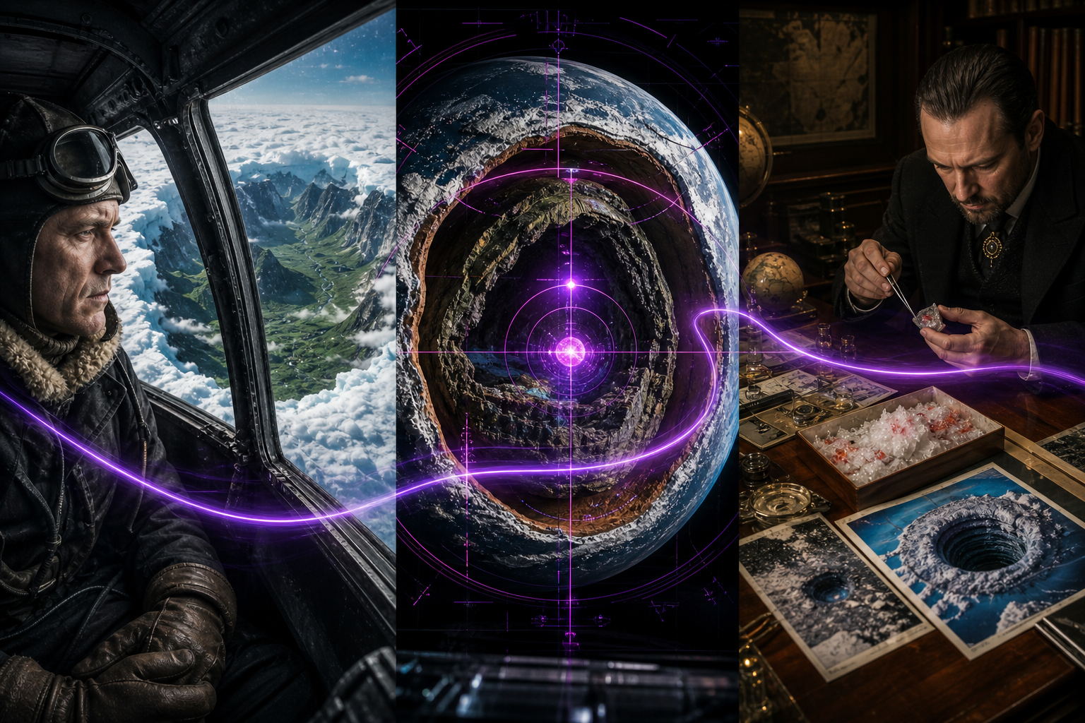 A photorealistic cinematic mosaic showing Admiral Byrd, a hollow mantle HUD analysis, and a researcher with polar hole data.