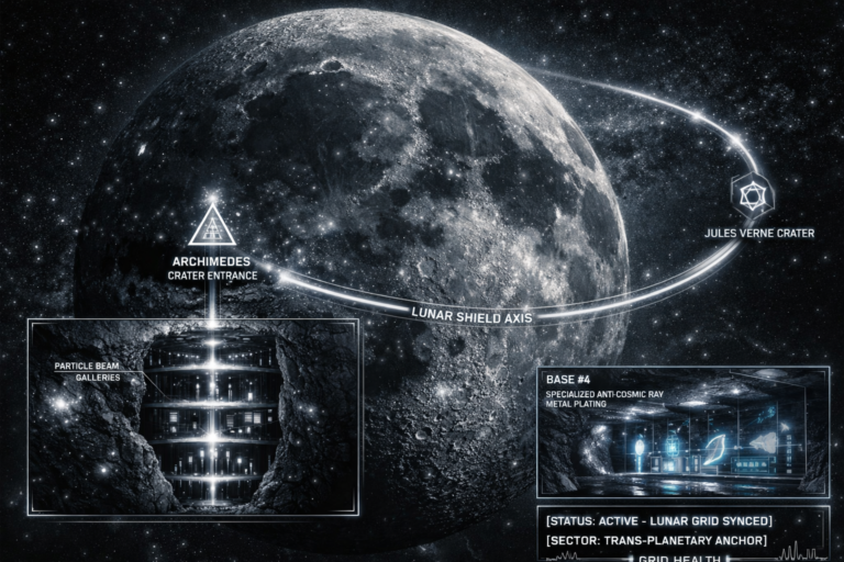 A digital noir geospatial map of the Moon showing neon-white conduits connecting the Archimedes Crater entrance to the Jules Verne Far-Side City. Inset reveals Base Number 4's communication hub.