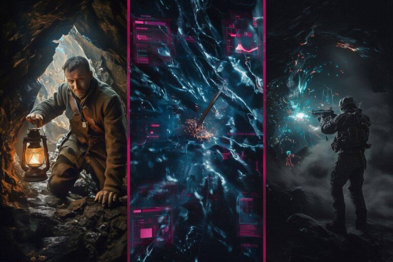 A photorealistic cinematic mosaic showing Captain Horak in a cave, a blue-black wall HUD analysis, and rifle sparks on a crescent wall.