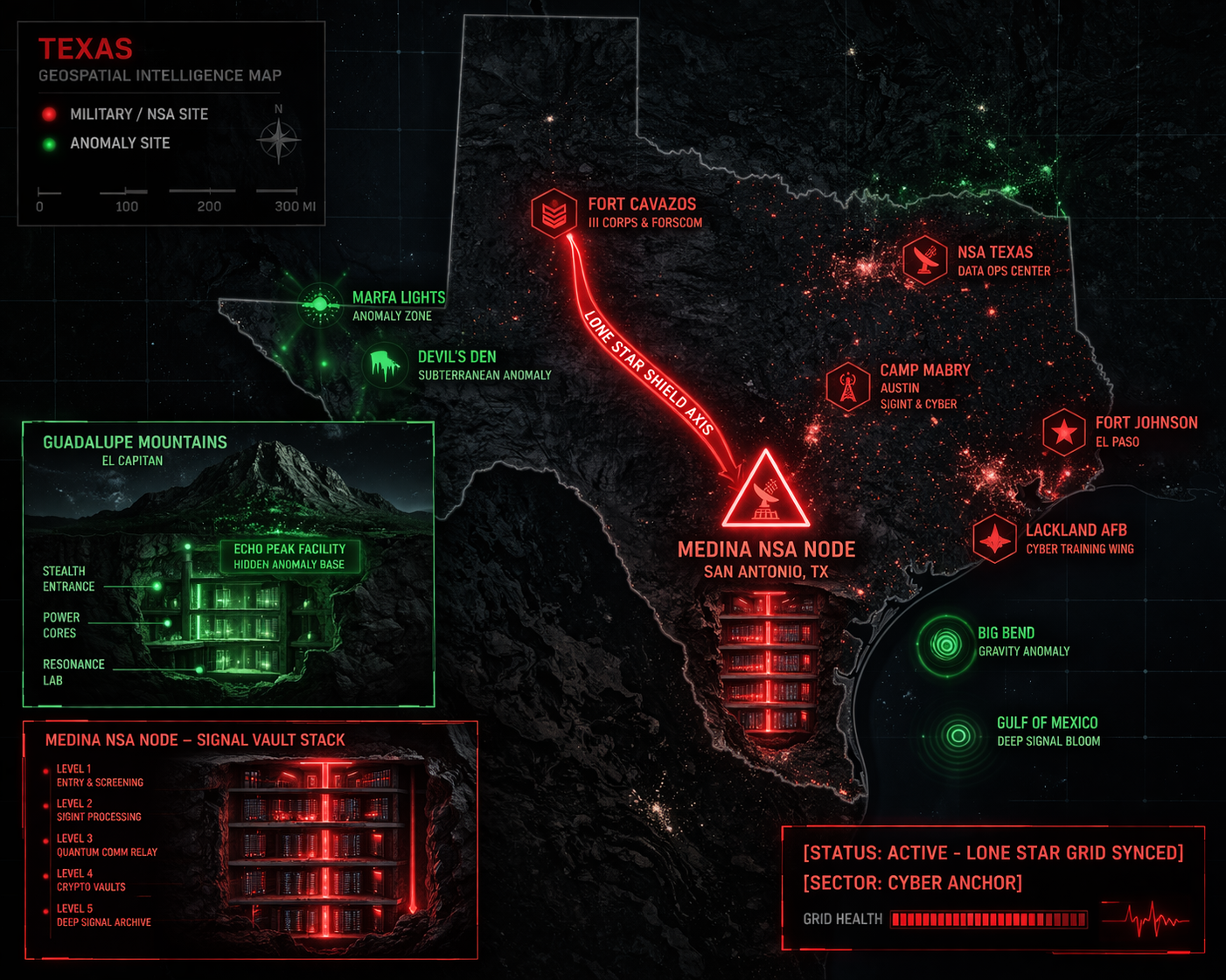 Digital noir geospatial map of Texas showing the subterranean link between the Medina NSA vaults and Fort Cavazos tactical tunnels, with neon-red data conduits.