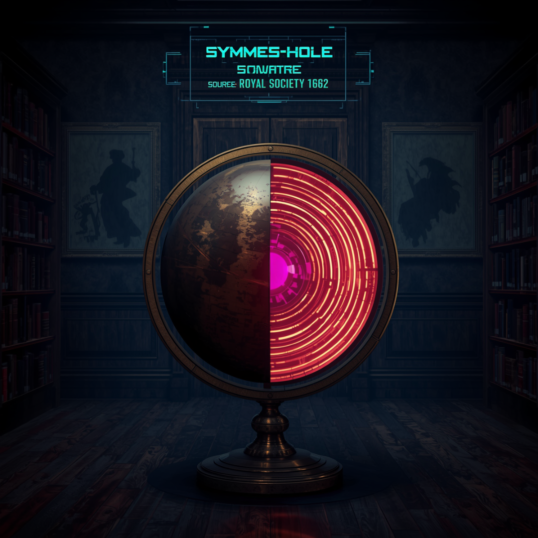 Tactical 1970s-style visualization of early Hollow Earth pioneers and concentric sphere diagrams.