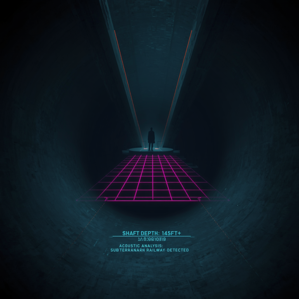 Tactical 1970s-style visualization of strange artificial shafts and tunnels leading to the cavern world.