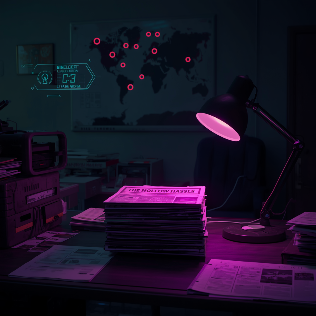 Tactical 1970s-style visualization of Hollow Earth research newsletters and investigative mapping.