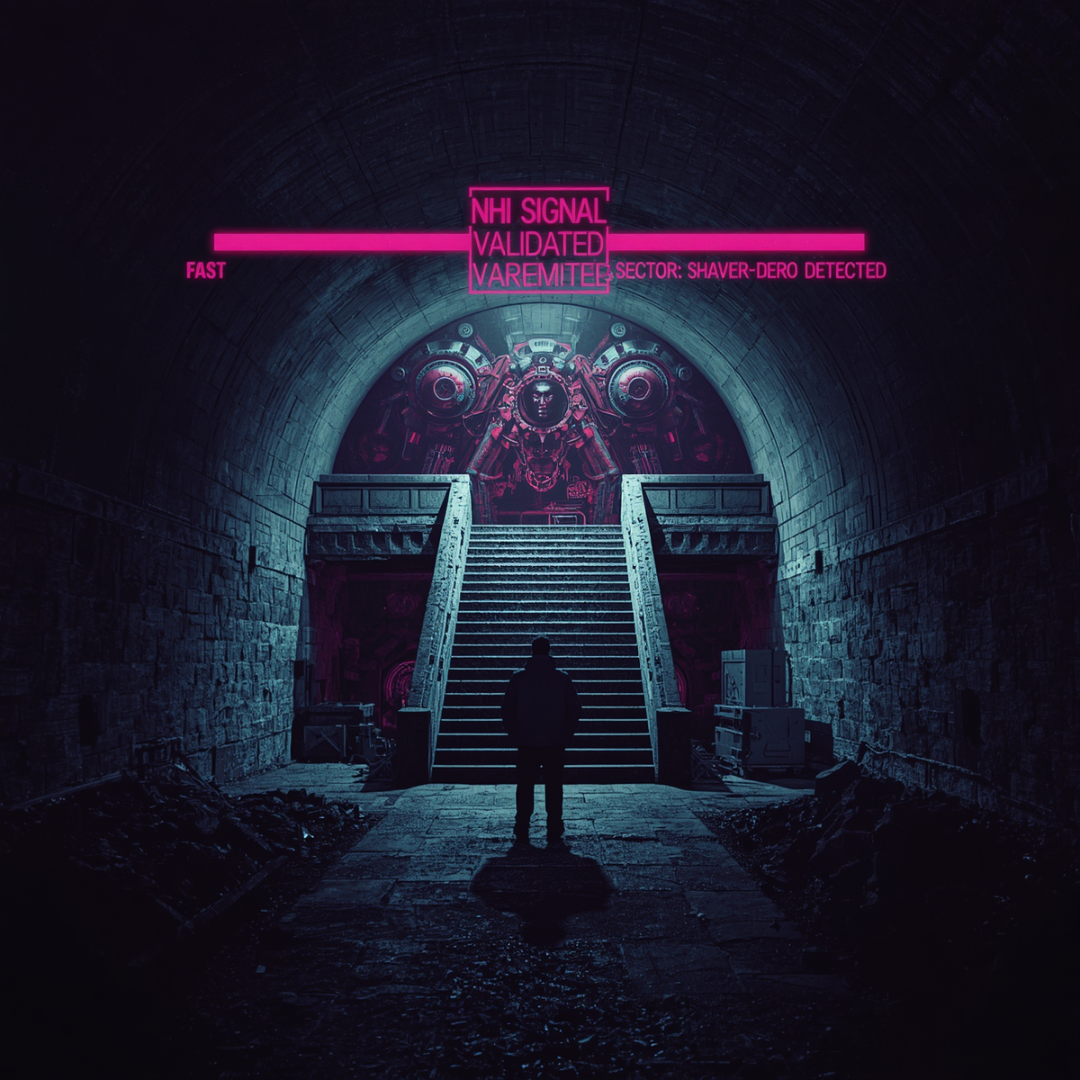 Tactical 1970s-style visualization of subterranean alien machinery and the Sheppton mine blue door.