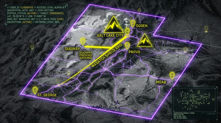 Digital noir geospatial map of Utah showing the subterranean link between the Little Cottonwood granite vaults and the Dugway Proving Ground, with neon-yellow data conduits.