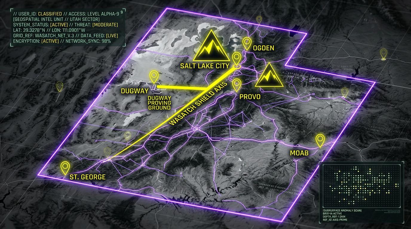 Digital noir geospatial map of Utah showing the subterranean link between the Little Cottonwood granite vaults and the Dugway Proving Ground, with neon-yellow data conduits.