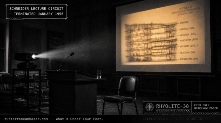 A dimly lit community hall with an empty lectern overhead projector casting a blurred underground base diagram on a pull-down screen and an untouched glass of water with no audience present