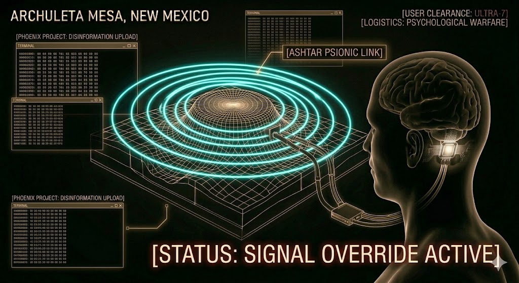 Tactical SIGINT schematic showing psionic communication links between the Dulce Base and human implants.