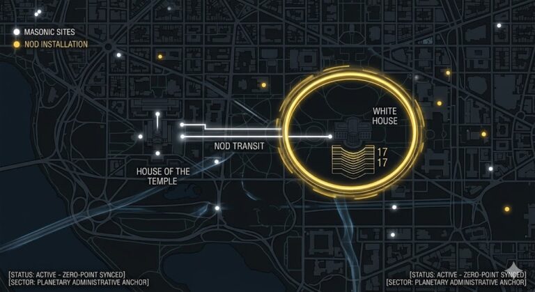 Digital noir geospatial map of Washington D.C. showing the 17-level NOD installation under the White House and glazed tunnels connecting to the House of the Temple.