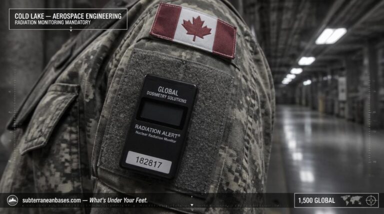 A black radiation exposure detector badge pinned to a Canadian military uniform sleeve with a blurred underground corridor visible in the background