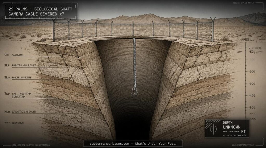 A geological cross-section showing a funnel-shaped shaft descending through desert bedrock with a severed camera cable hanging into the darkness and a chain-link fence at the surface