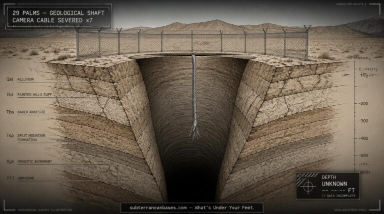 A geological cross-section showing a funnel-shaped shaft descending through desert bedrock with a severed camera cable hanging into the darkness and a chain-link fence at the surface