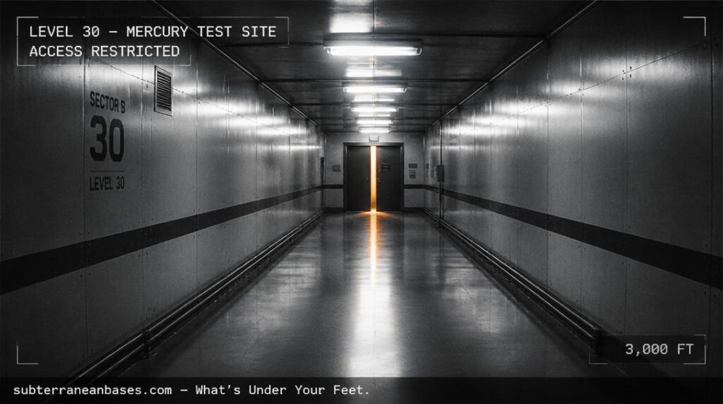 A long stainless steel corridor lit by harsh fluorescent tubes with a partially open freight elevator door casting amber light at the far end in an underground facility beneath Mercury Nevada