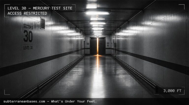 A long stainless steel corridor lit by harsh fluorescent tubes with a partially open freight elevator door casting amber light at the far end in an underground facility beneath Mercury Nevada