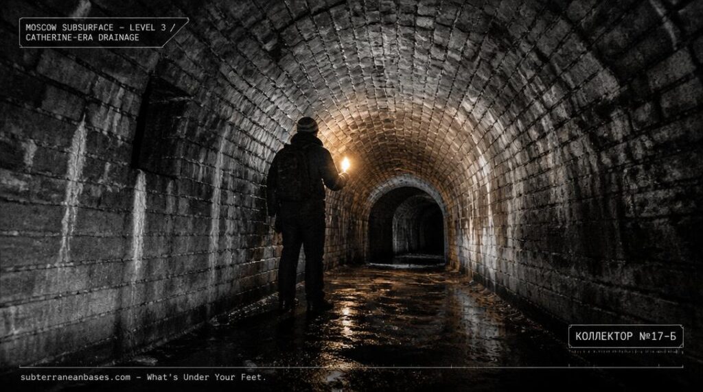 A vaulted brick tunnel beneath Moscow showing Catherine-era masonry with standing water reflecting a handheld torch beam and a darker descending passage at the far end