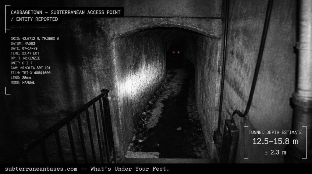 A narrow concrete tunnel entrance at the base of a Toronto apartment building with a flashlight beam cutting into darkness and two faint orange-red eye reflections at the tunnel bend
