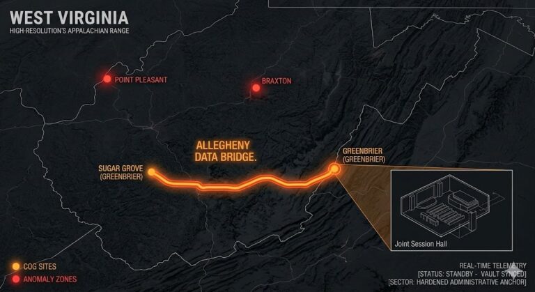 Digital noir geospatial map of West Virginia showing the subterranean Greenbrier bunker, Sugar Grove SIGINT station, and the Mothman anomaly zone.