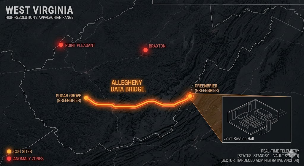 Digital noir geospatial map of West Virginia showing the subterranean Greenbrier bunker, Sugar Grove SIGINT station, and the Mothman anomaly zone.