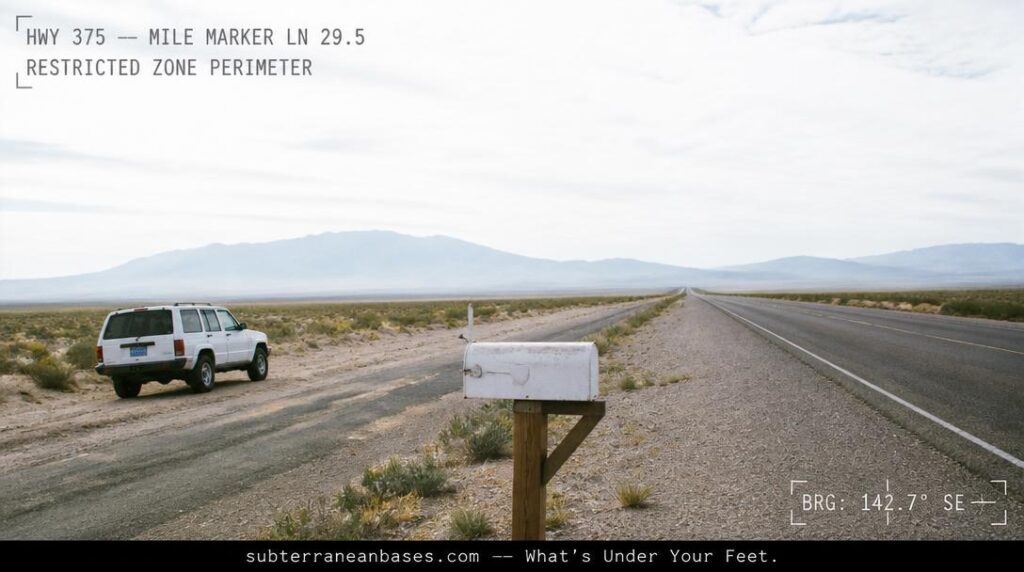 A lone white mailbox on a post beside an empty desert highway with a white Jeep Cherokee parked on the shoulder 200 yards back and mountain ranges in the distance