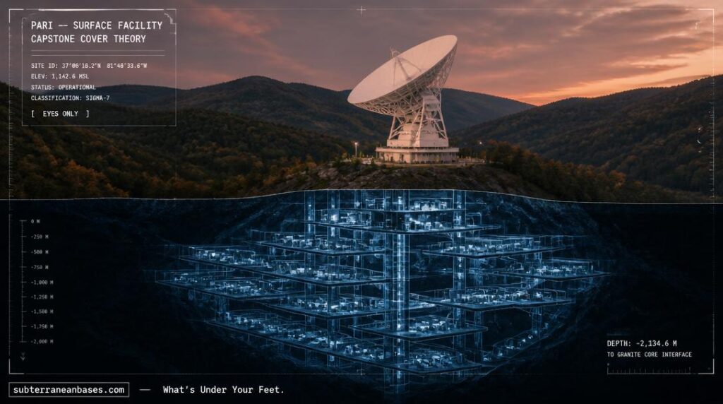 A radio telescope dish in a forested Appalachian valley at twilight with a translucent cross-section showing underground corridors and chambers beneath the mountain