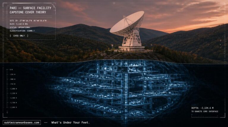 A radio telescope dish in a forested Appalachian valley at twilight with a translucent cross-section showing underground corridors and chambers beneath the mountain