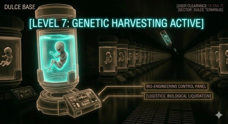 Tactical schematic of a Level 7 bio-genetics storage vat at the Dulce Base, showing human-hybrid embryos.